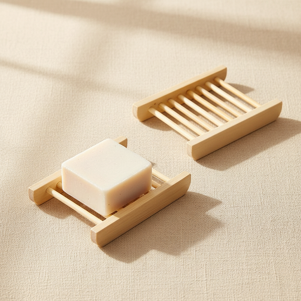 woodnestcraft wooden slatted soap dishes with one holding a square bar of soap on a neutral textured surface
