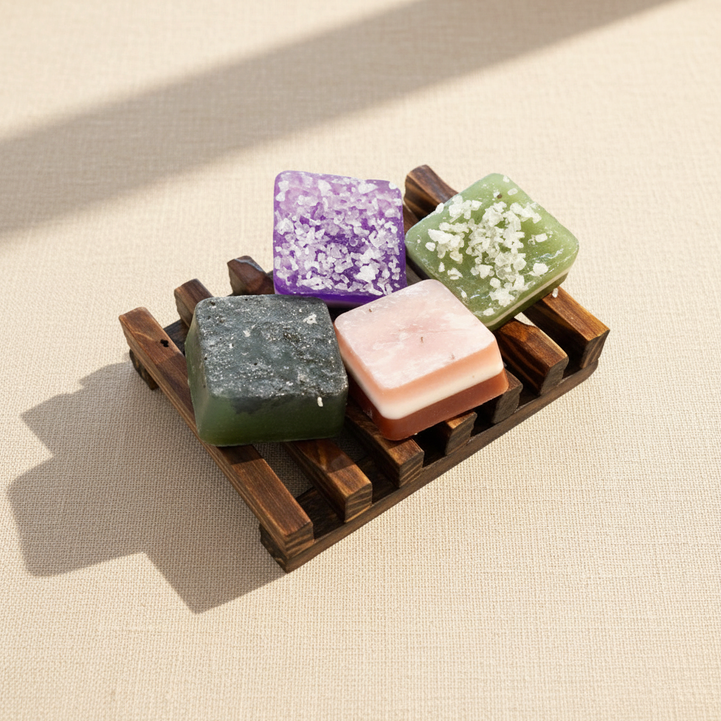 woodnestcraft wooden slatted soap dish holding four colourful square bars of soap on a textured beige surface