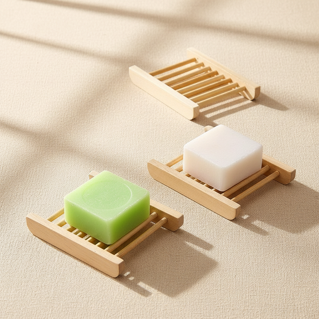woodnestcraft wooden slatted soap dishes holding green and white bar soap on a textured beige surface